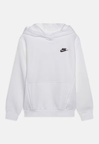 Witte hoodie van zacht materiaal met een voorzak, geribbelde manchetten en een zwart Nike-logo op de borst.