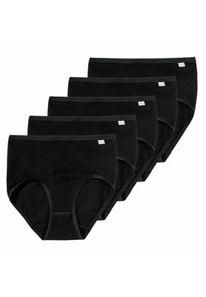 Black cotton briefs, five-pack, featuring a smooth texture, elastic waistband, and minimal branding tag on each pair.