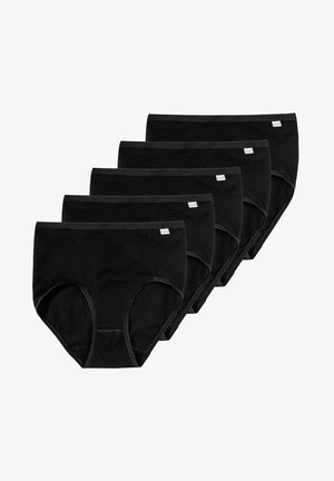 Black cotton briefs, five-pack, featuring a smooth texture, elastic waistband, and minimal branding tag on each pair.