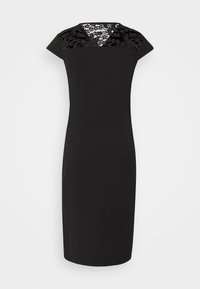 Svart figursydd klänning med spets V-ringning och korta ärmar. Slät textur, knälängd, skräddarsydd design som betonar en slank silhuett.