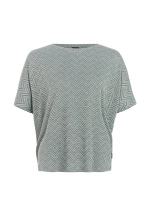 Grijze blouse met korte mouwen, een losse pasvorm en een zigzagpatroon in donkerder grijstinten, met een ronde halslijn.