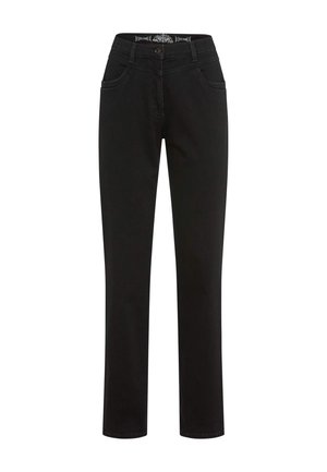 Pantaloni neri a gamba dritta realizzati in denim morbido, con cinque tasche, chiusura con zip e dettaglio cucito in vita.