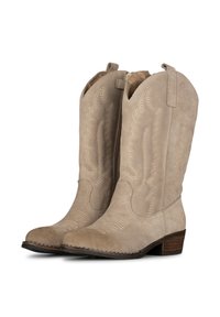 Botas de cowboy de ante beige con patrón bordado, punta afilada y tacón bajo y apilado. Presentan tiradores para facilitar su colocación.