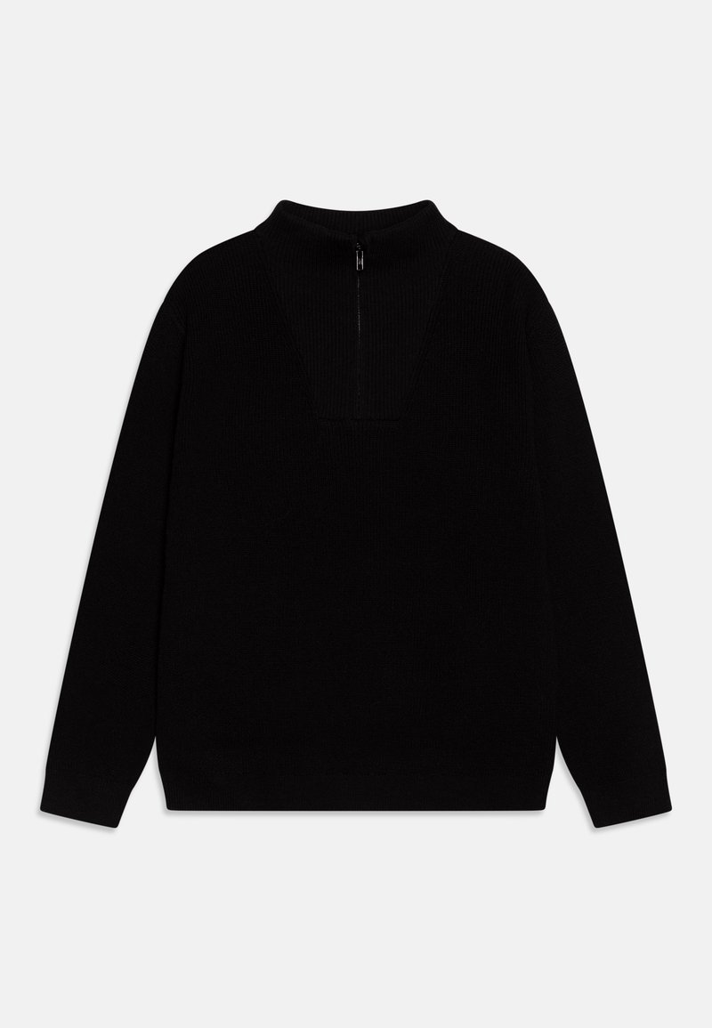 Pull en tricot noir avec un col montant, doté d'une courte fermeture éclair à l'arrière et d'une texture côtelée. Coupe ample avec des manches longues.