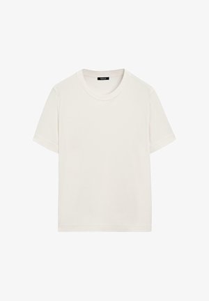 Effen wit T-shirt met korte mouwen en ronde hals, met een ontspannen pasvorm, weergegeven tegen een witte achtergrond.