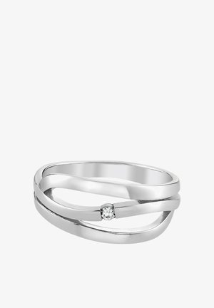 Silver twisted band ring with a small round diamond set in the center, minimalist and polished design.