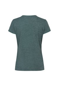 T-shirt a maniche corte verde scuro con scollo rotondo mostrata da dietro, con un taglio aderente e leggermente svasato e una sottile texture mélange.