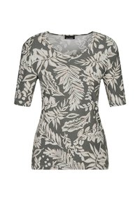 Grijze bloemenblouse met een V-hals en korte mouwen. Gemaakt van zachte stof met witte bladenpatronen, biedt een ontspannen pasvorm.