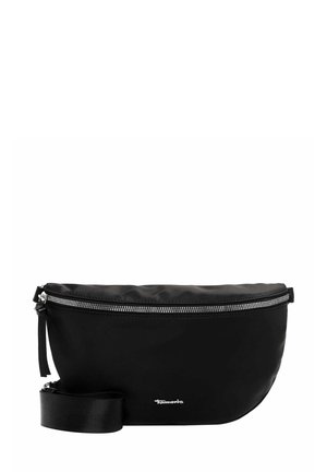 Black nylon shoulder bag with a curved shape, silver zipper closure, and an adjustable strap. Featuring a logo at the front.