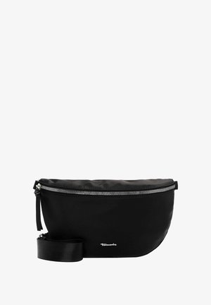 Sort nylon skuldertaske med en buet form, sølv lynlås lukning og en justerbar rem. Med et logo på forsiden.