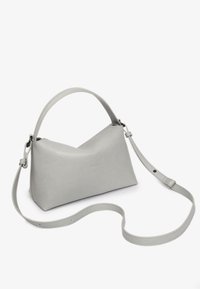 Gray vegan leather handbag with a triangular shape, short handle, and adjustable shoulder strap. Features a textured surface and minimal branding.