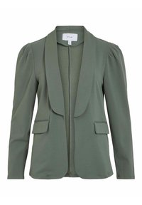 Zelený blazer se šálovým límcem, strukturovanými rameny, dvěma předními kapsami a hladkou texturou. Bez knoflíků; otevřený design vpředu.