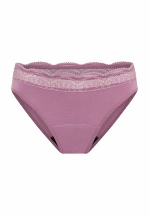 Culotte en coton rose avec une ceinture en dentelle à bord festonné. Elle présente une texture lisse et un design simple. Comprend une couverture arrière complète et aucune couture visible.