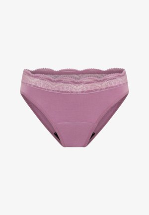 Culotte en coton rose avec une ceinture en dentelle à bord festonné. Elle présente une texture lisse et un design simple. Comprend une couverture arrière complète et aucune couture visible.