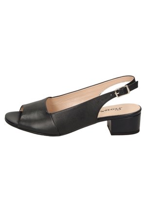 Chaussure noire à bout ouvert avec bride arrière, petit talon carré et boucle latérale réglable, présentant une finition en cuir lisse et une doublure intérieure beige.