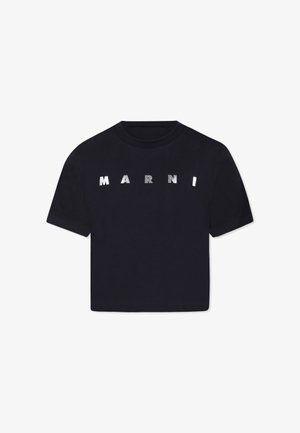 T-shirt in cotone nero con maniche corte e collo a giro, dotato di lettere riflettenti argentate che formano la scritta "MARNI" sul davanti.