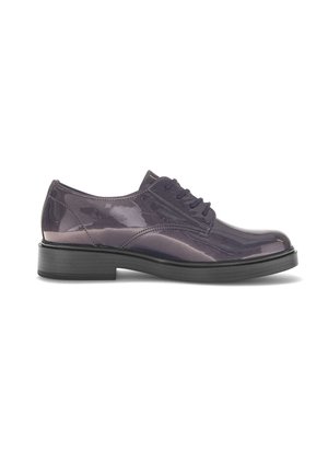 Glanzende, donkerpaarse leren veterschoenen met een ronde neus, een lage zwarte hak en minimale stiksels aan de zijkant. Tijdloze stijl.