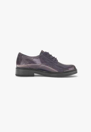 Glossy dark purple leather lace-up shoes with a round toe, low black heel, and minimal stitching on the side. Classic style.
