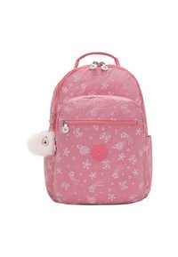 Vaalea pinkki reppu, jossa on valkoisia tähti- ja komeettakuosisia kuvioita, etu vetoketjullinen tasku, pörröinen avaimenperä ja ylhäällä kantokahva.