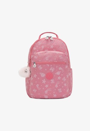 Pink backpack with white star and comet patterns, front zip pocket, a fluffy keychain, and a top handle.