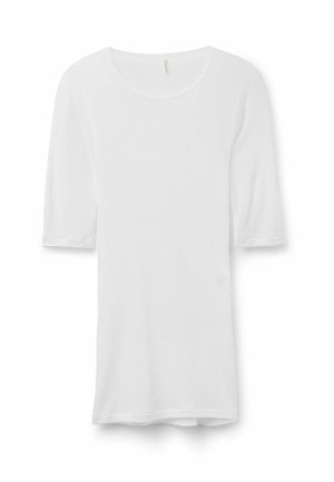 Weißes, geripptes T-Shirt mit Rundhalsausschnitt und Ärmel bis zum Ellbogen. Weicher Stoff und slim fit. Leichtes Material, keine sichtbaren Muster oder Hardware.