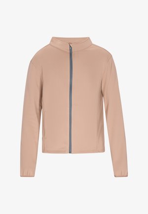 Lys beige jakke med stående krave, grå lynlås og sidelommer. Har en glat tekstur og tætsiddende lange ærmer.