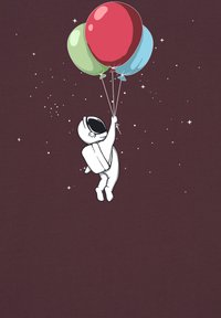 Astronaut in een wit pak die drie ballonnen vasthoudt (rood, groen, blauw) tegen een donkere bordeauxrode achtergrond met steraccenten.