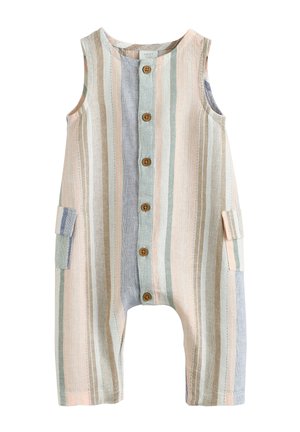 Ärmelloser Baby-Strampler mit vertikalen Pastellstreifen in Beige, Blau, Grün und Pfirsich, vorne Holzknöpfe und seitliche Taschen mit Klappen.