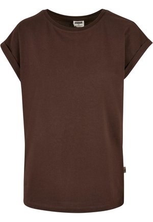 T-shirt marron foncé à manches courtes en coton doux. Il présente un col arrondi et une coupe décontractée avec des manches retroussées.