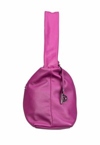 Small round purple leather handbag with wide strap and metallic clasp on white background.