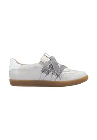 White and silver sneaker with a textured upper, flat rubber sole, and a prominent black and white striped bow accent.
