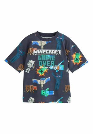 Dunkelgraues Minecraft-Themen-T-Shirt mit pixeligen Figuren, dem Text "MINECRAFT GAME OVER Survival Mode" und verschiedenen spielbezogenen Symbolen.