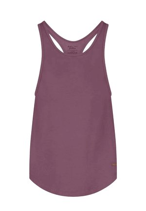 Donker mauve tanktop met een ronde zoom, racerback ontwerp en een zachte, gladde textuur. Bevat een minimalistisch merklabel nabij de onderkant.