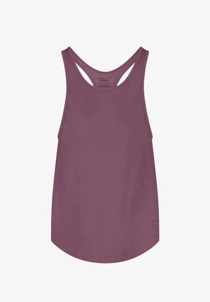 Donker mauve tanktop met een ronde zoom, racerback ontwerp en een zachte, gladde textuur. Bevat een minimalistisch merklabel nabij de onderkant.