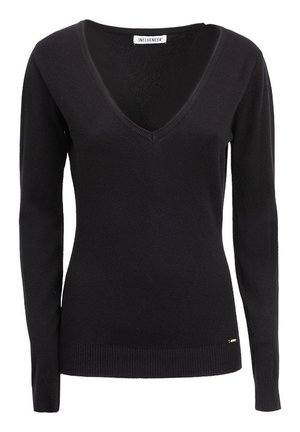 Suéter negro de cuello en V en un material de punto suave, con mangas largas, puños y dobladillo acanalados, y un pequeño detalle dorado en el lado inferior.
