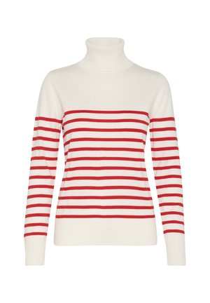 Maglione a collo alto a righe rosse e bianche con maniche lunghe, realizzato in morbido tessuto a maglia; presenta polsini e orlo a coste per una vestibilità strutturata.