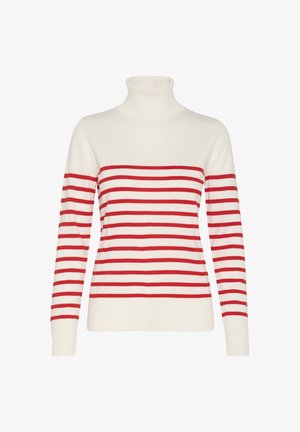 Rdeče in bele črtaste pulover s turtleneck ovratnikom ter dolgimi rokavi, narejen iz mehke pletenine; ima rebraste manšete in rob za strukturiran videz.