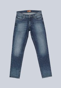 Blue denim jeans with a straight-leg cut, five-pocket design, and a faded wash. Features a button closure and belt loops.