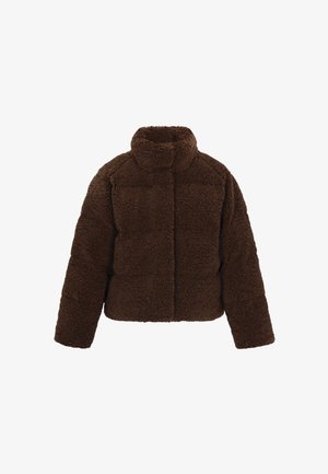 Pruun fliistekootiga jakk kõrge kaelusega, polsterdatud disainiga ja tekstuurse, puhvaga pinnaga. Omab lühikest lõiget ja esiosa tõmblukkude sulgemist.