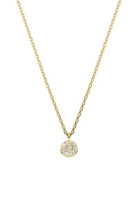 Kuldtoonist kaelakee, millel on keerutatud kett ja ümmargune ripats, kaunistatud mitme selge kristalliga, mis loovad särava efekti.