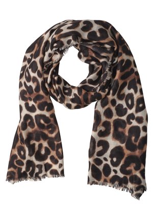Lang rektangulær tørklæde med brun, sort og beige leopardprint mønster og frynser på kanterne.