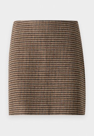 Checkered mini skirt in brown and black tones; smooth texture with a fitted design and a straight cut, featuring no visible fastenings.
