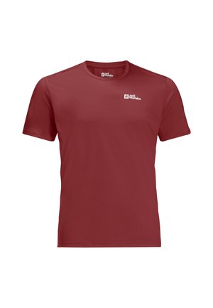 T-shirt rouge à manches courtes en tissu respirant, avec un col rond et un petit logo blanc dans la partie supérieur gauche de la poitrine.