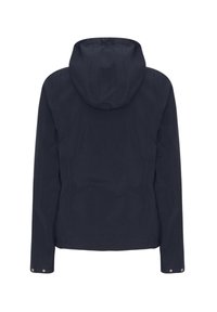 Marineblauwe jas met capuchon, lange mouwen en drukknoopaccenten op de manchetten, gemaakt van een lichte, gladde stof.