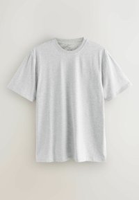 Svetlošedé bavlnené tričko s okrúhlym výstrihom, krátkymi rukávmi a voľným strihom. Hladká textúra, žiadne vzory ani doplnky.