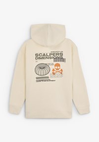 Sudadera con capucha en color blanco roto, con un gran estampado gráfico en negro y naranja, que incluye un diseño de globo y calavera. Textura suave.