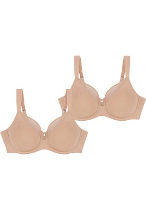 To beige bh'er med formede skåle, justerbare stropper og blødt stof. Har et lille metallisk accent i midten og en klassisk silhuet.