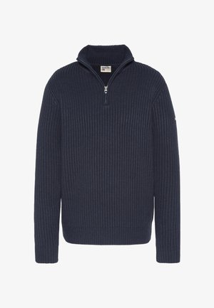 Marineblauer gerippter Pullover mit einem Viertel-Reißverschluss am Kragen, langen Ärmeln und strukturiertem Stoff. Verfügt über ein kleines Etikett am linken Ärmel.