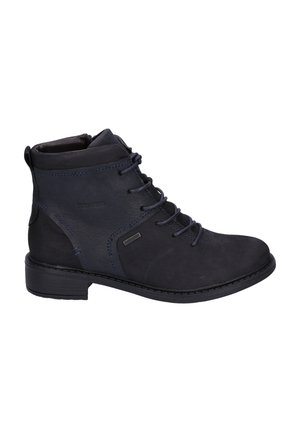 Dark blue ankle boot made from suede and leather, featuring lace-up design, round toe, and textured accents on the sides.