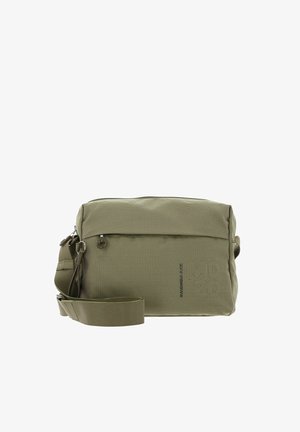 Olive green crossbody bag made of textured nylon, featuring a front flap, adjustable strap, and a branded detailing on the side.